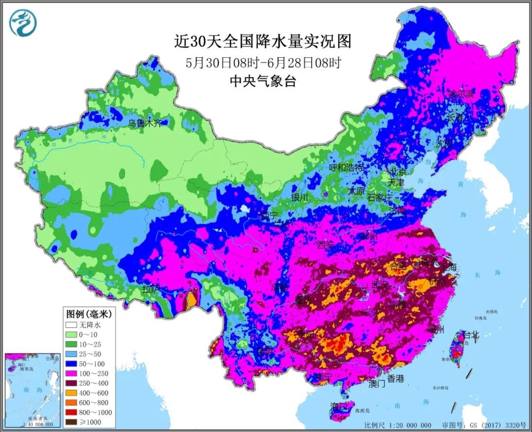 ▲圖為近30天全國降水實況圖。來源：中央氣象臺