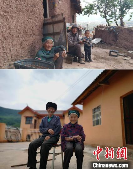 上圖為甲甲溝村村民羅木你坡夫婦所住的舊房，下圖為夫婦倆遷入的新居。(拼版圖) 張浪 攝